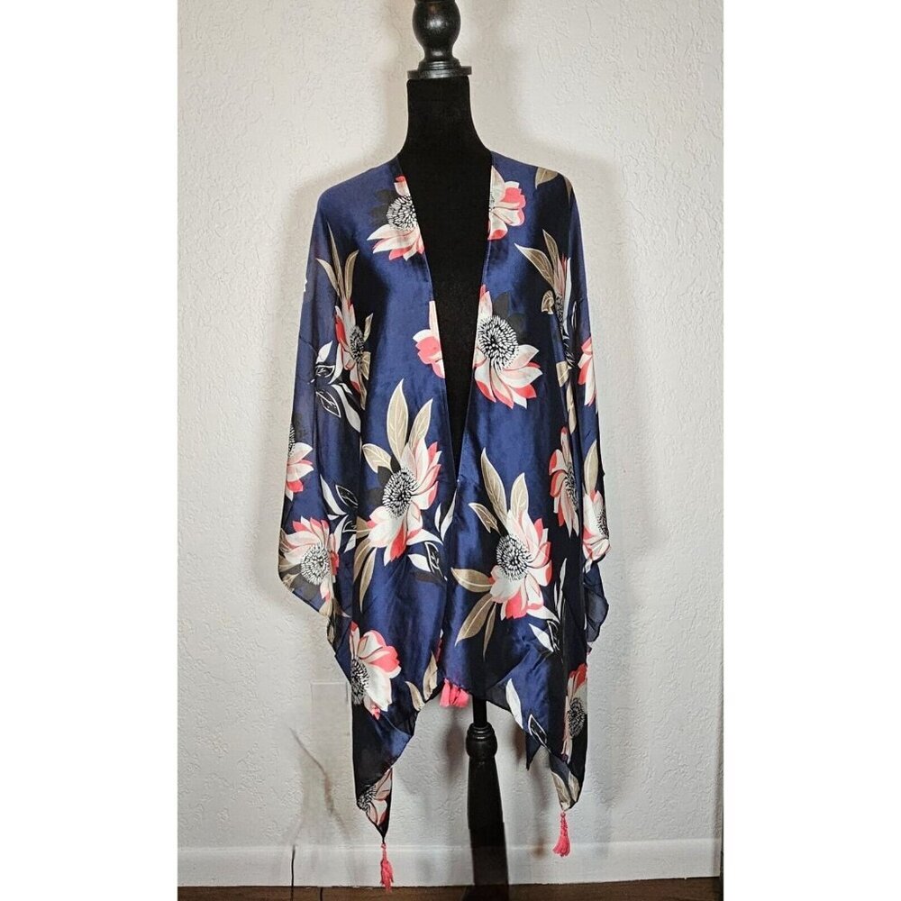 Catherines Navy Floral Print Beach Cover Up Tunic Open Front One Size